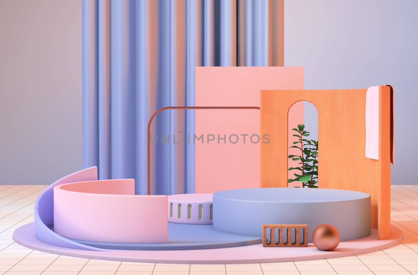 Podium 3d render. stand, showcase on pastel light bule background for premium product with nature plant, leaves. Mock up for exhibitions, presentation of products, therapy, relaxation and health 