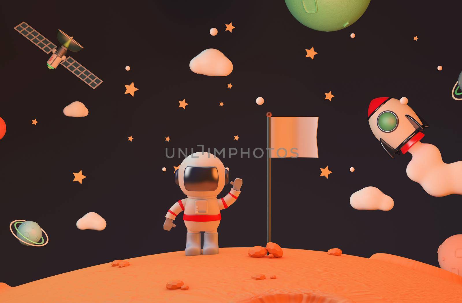 Astronaut Mission To Mars  holding a blank flag 3D rendering. rocket , satellite