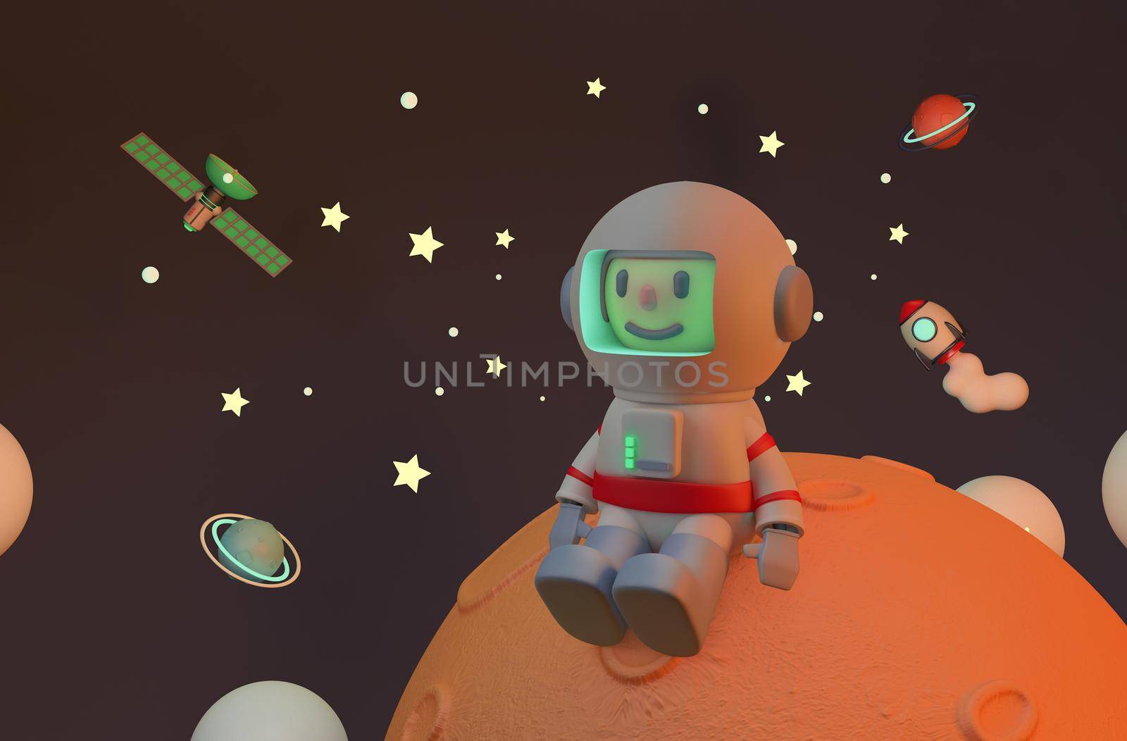 Astronaut sitting on mars lonely. 3D rendering. satellite
 and rocket  by Sookjaroen