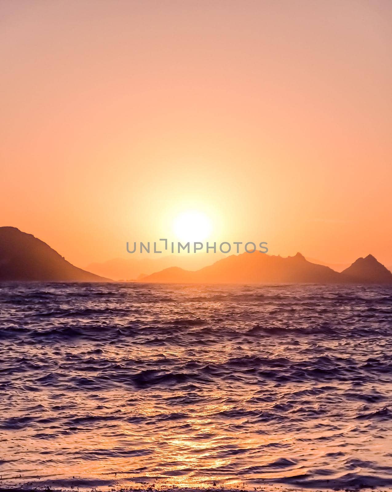 Summer sunset at the Mediterranean sea coast, seascape and mountain view by Anneleven