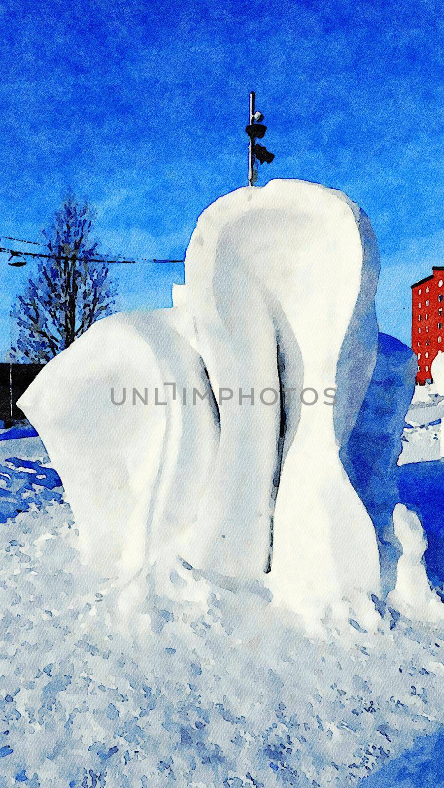 Kiruna, Sweden, February 25, 2020. Watercolor representing ice sculptures in the public park of the city of Kiruna