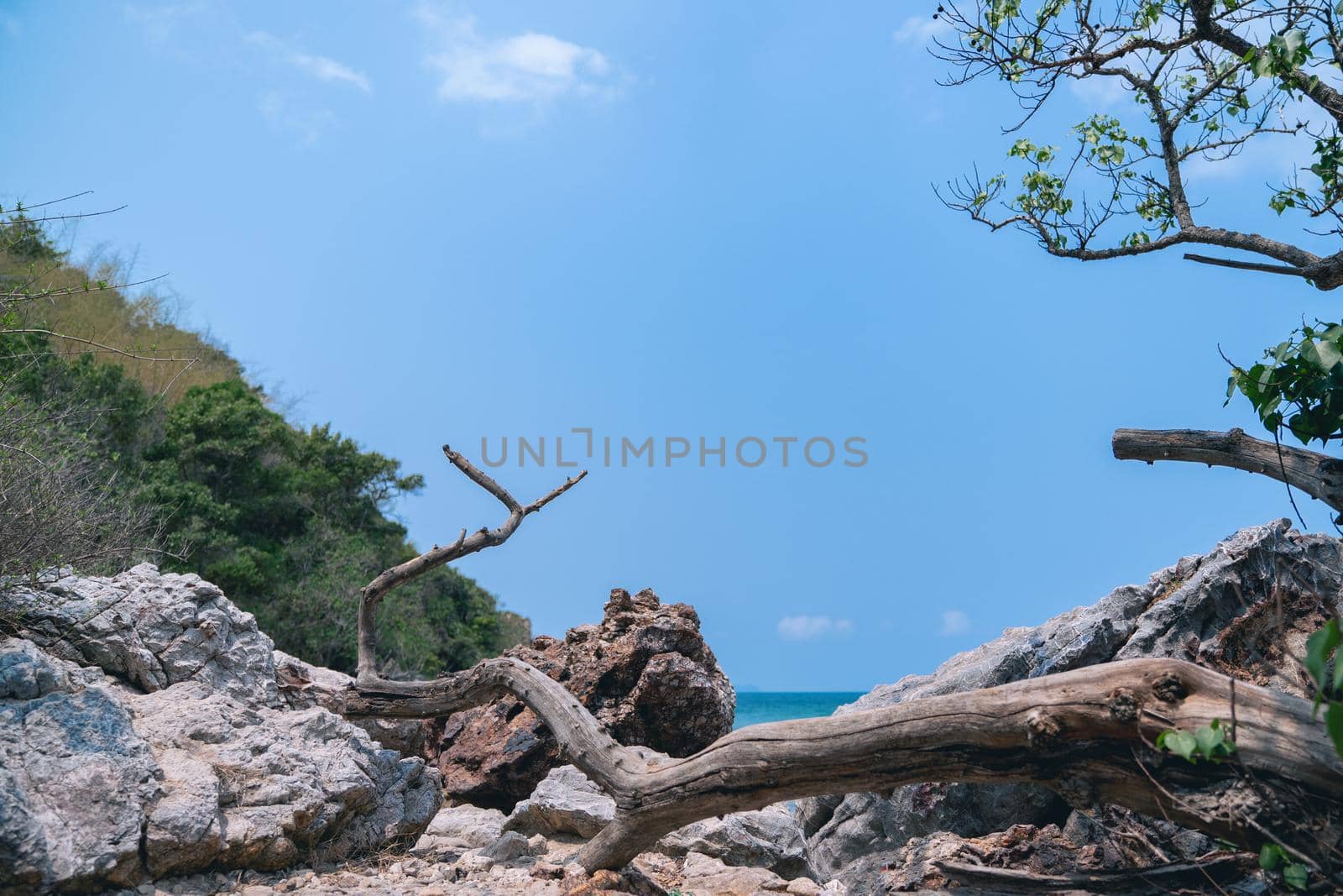 Tropical beach, rock and sand background with blue sky.