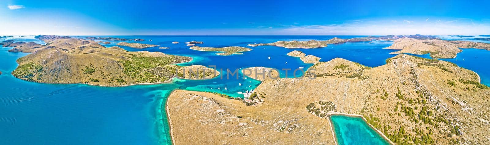 Kornati. Amazing island archipelago landscape of Kornati national park aerial panoramic view by xbrchx
