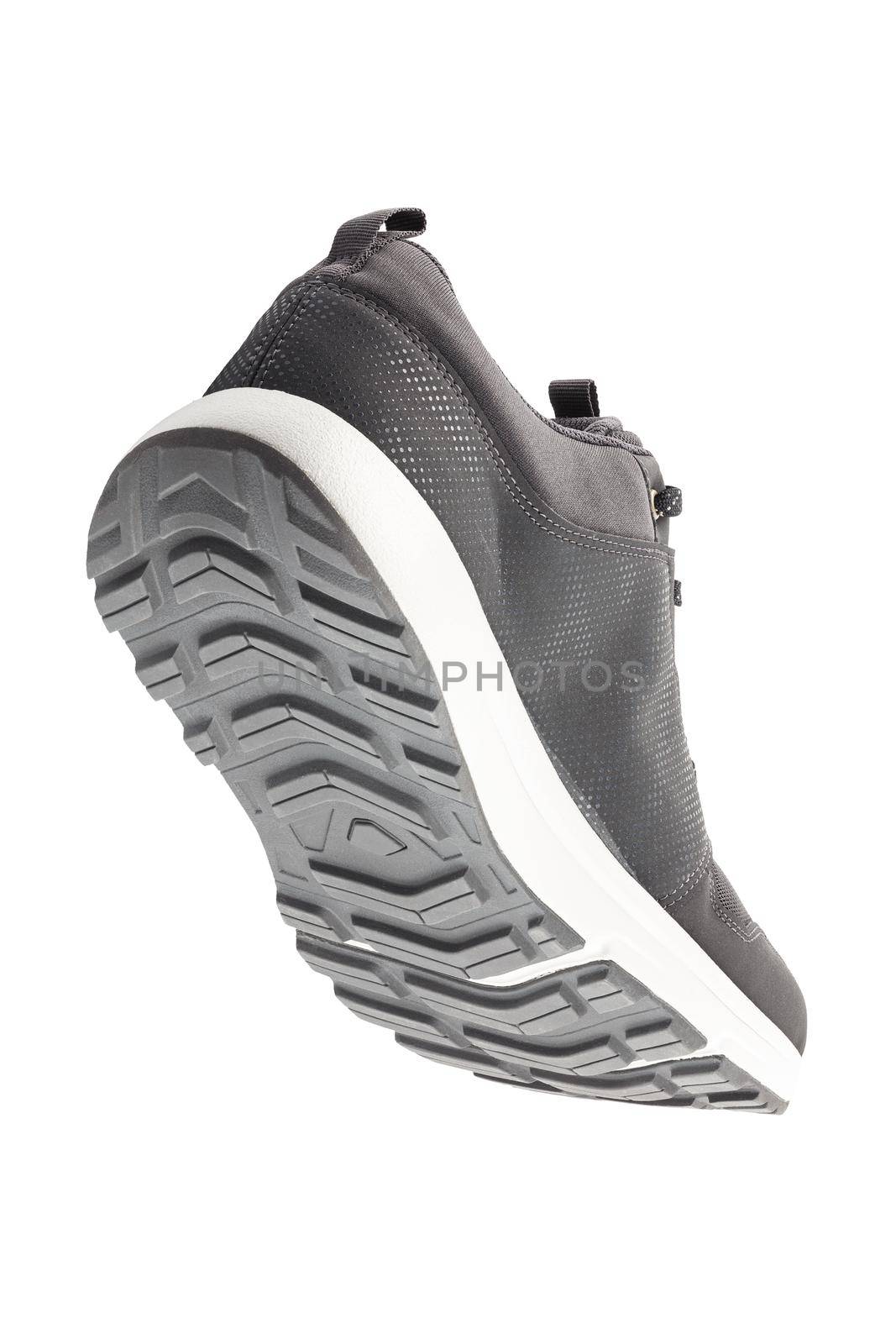 black lightweight summer walking shoe isolated on white background, back view
