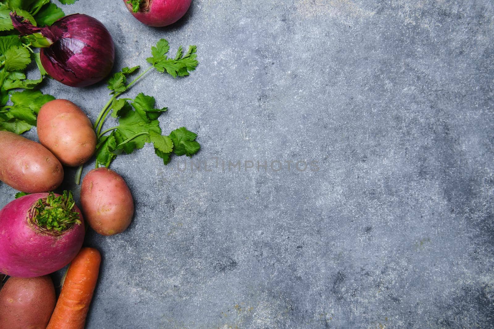 Turnip, cilantro, potatoes, carrots and red onions on a dark background