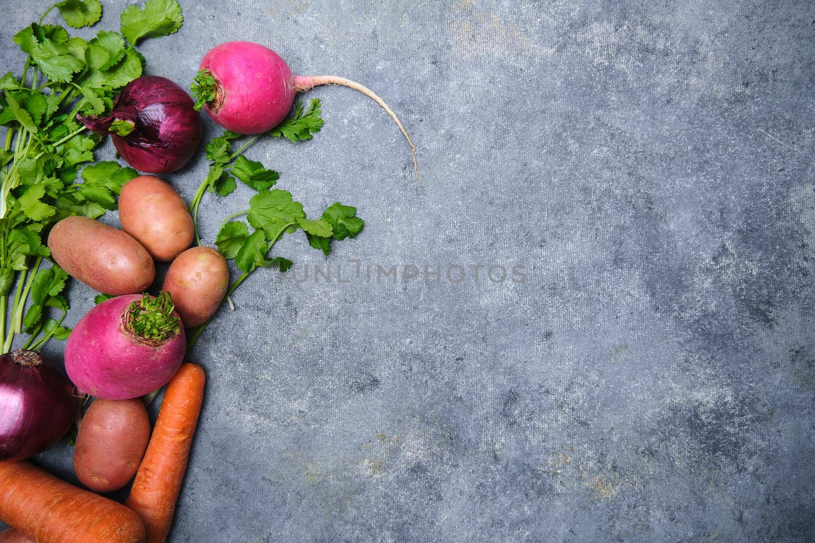 Turnip, cilantro, potatoes, carrots and red onions on a dark background