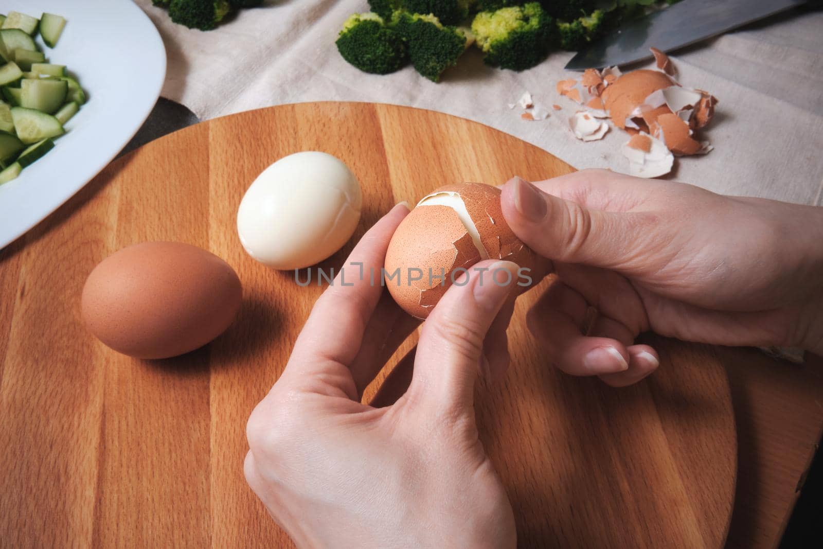 Chicken eggs on a cutting board