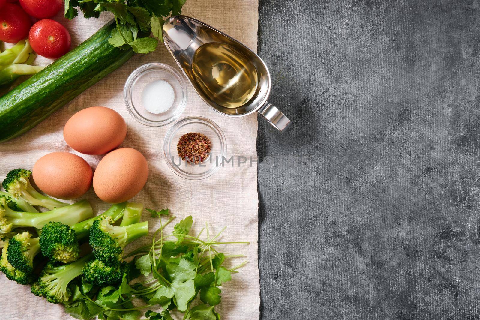 Tomatoes, cucumbers, eggs, cabbage, spices and herbs