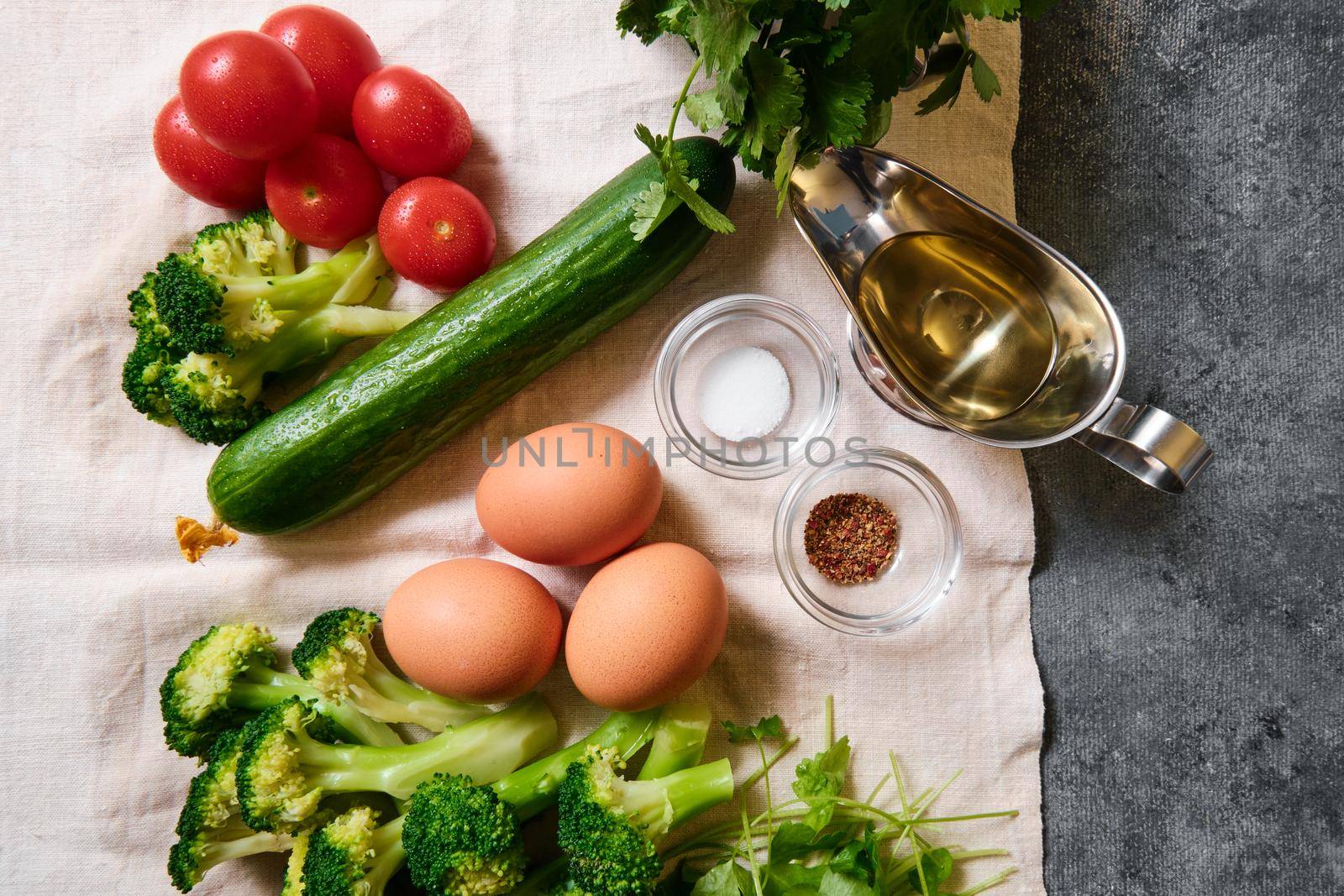 Tomatoes, cucumbers, eggs, cabbage, spices and herbs