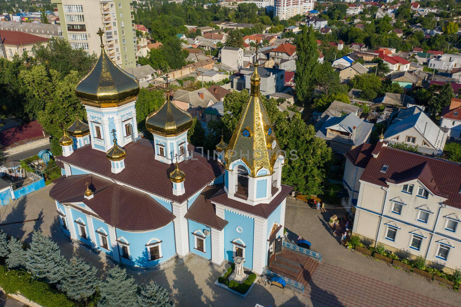 Chisinau, Moldova, August 2020: Aerial view to Ciuflea AKA Sf Teodor Tiron Monastery. Was found by two brothers in 1858, Aromanian merchants who emigrated from Macedonia to Bessarabia in 1821