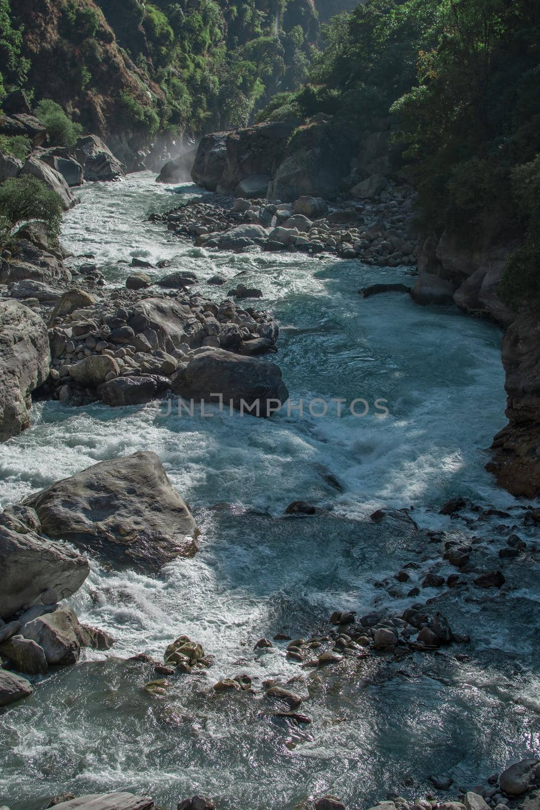 Beautiful marshyangdi river flowing peacefully through a valley, Annapurna circuit, Nepal