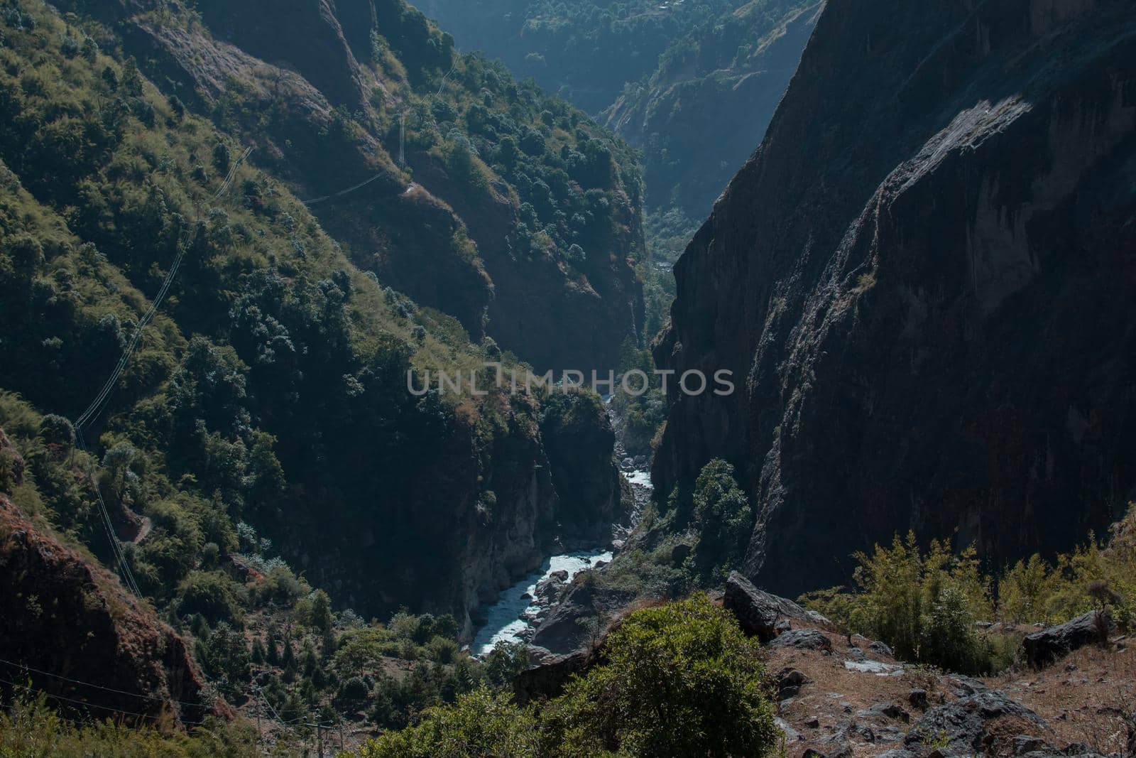 Marshyangdi river flowing through the gorge valley, Lamjung district, Annapurna circuit, Nepal