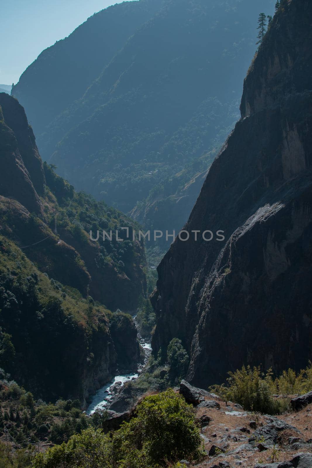 Marshyangdi river flowing through the gorge valley, Lamjung district, Annapurna circuit, Nepal