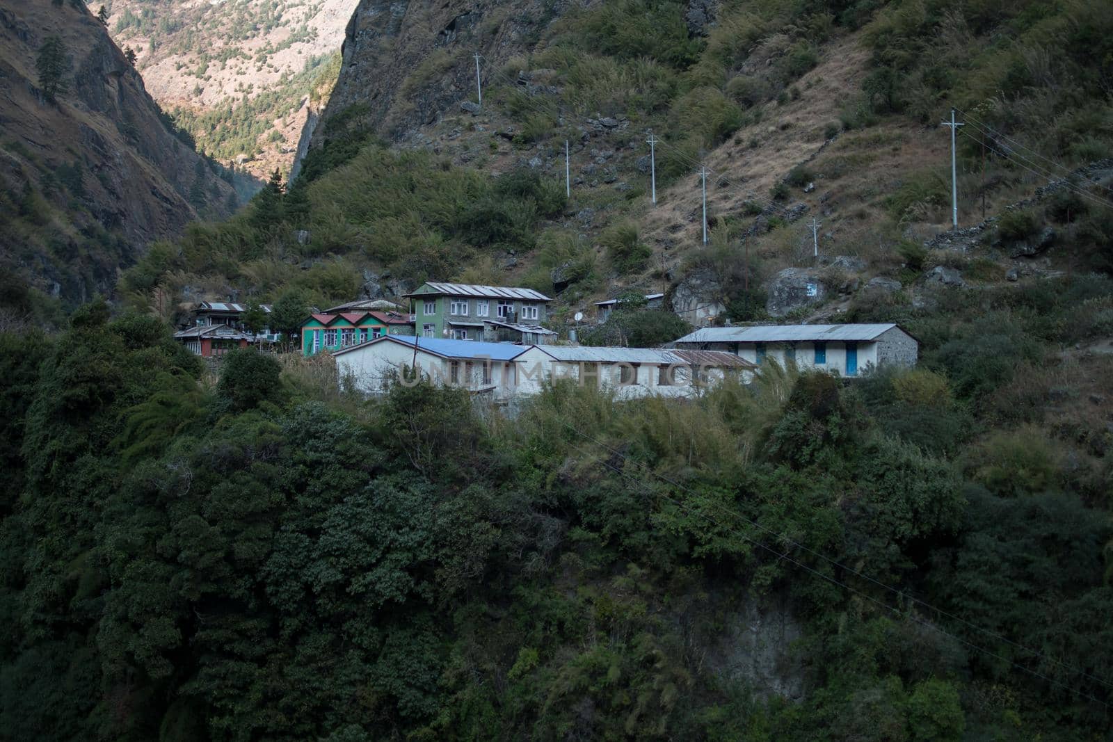 Nepalese mountain village by the Marshyangdi river gorge valley, Annapurna circuit, Himalaya, Nepal, Asia