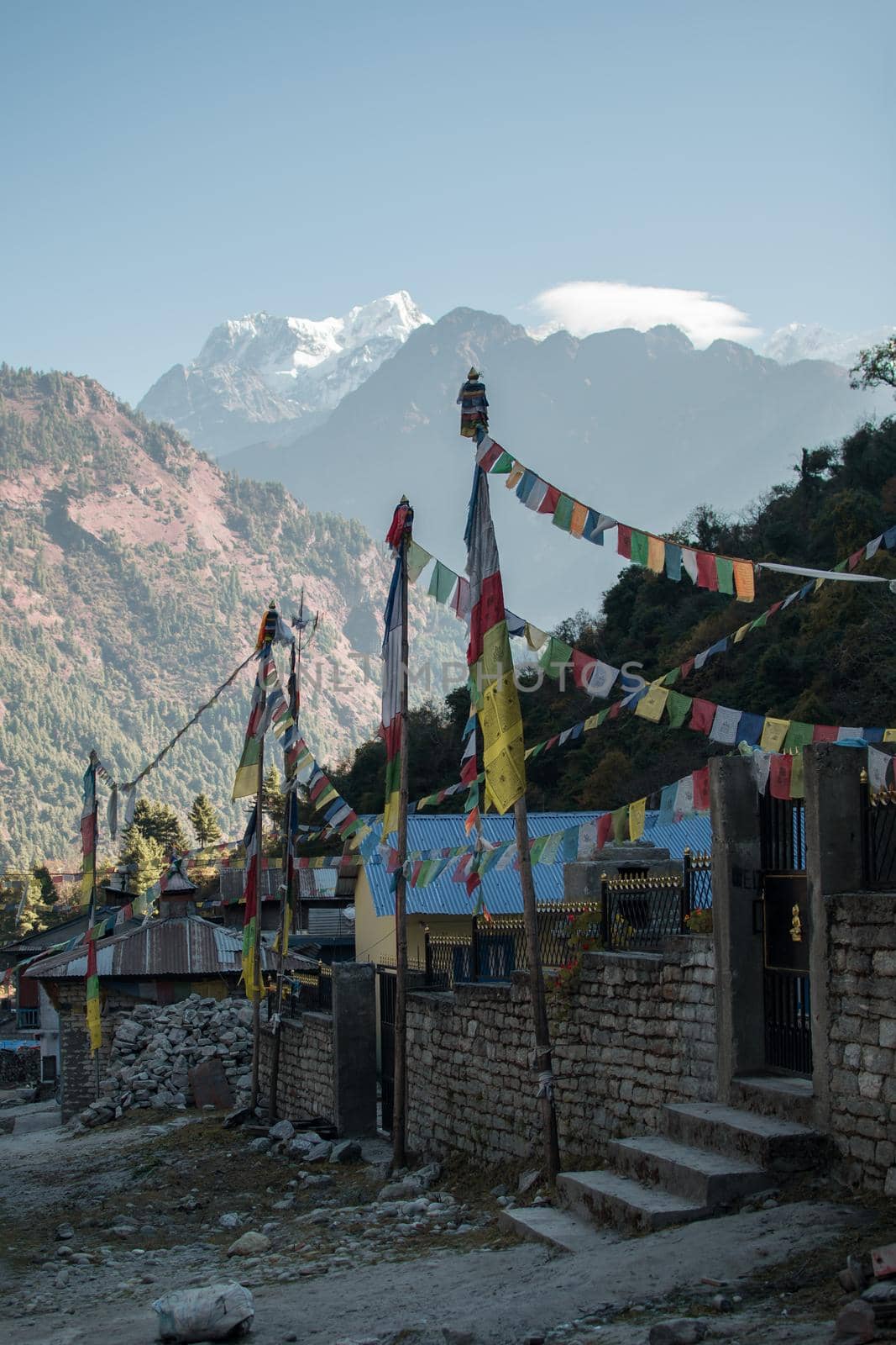Buddhist prayer flags in the nepalese mountains along Annapurna circuit, Himalaya, Nepal, Asia