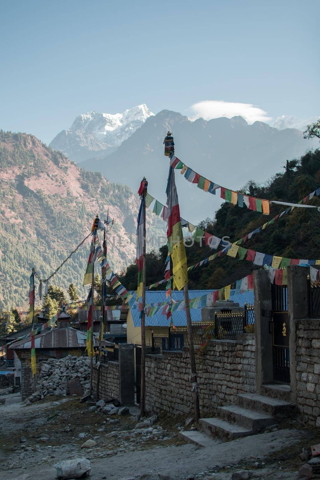 Buddhist prayer flags in the nepalese mountains by arvidnorberg