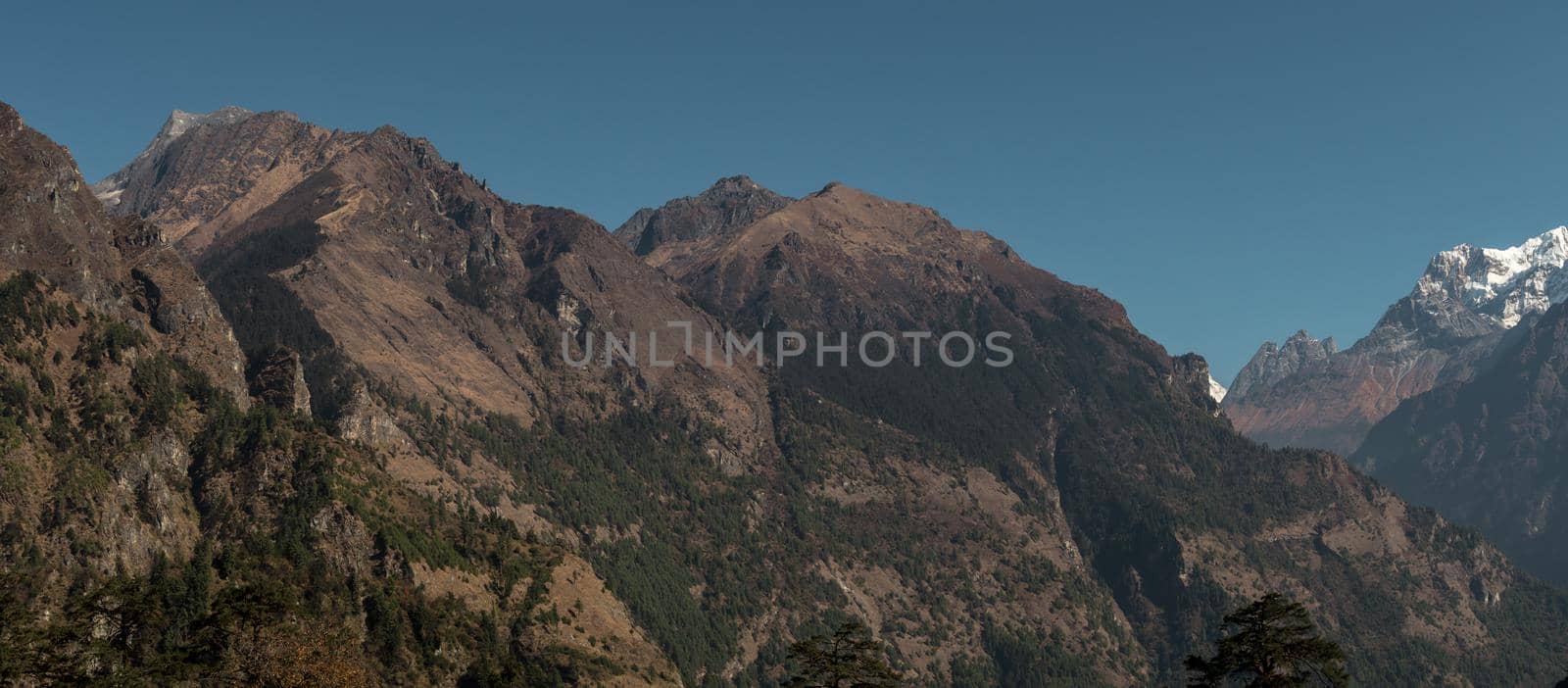 Panorama of nepalese mountain ranges along Annapurna circuit, Himalaya, Nepal, Asia