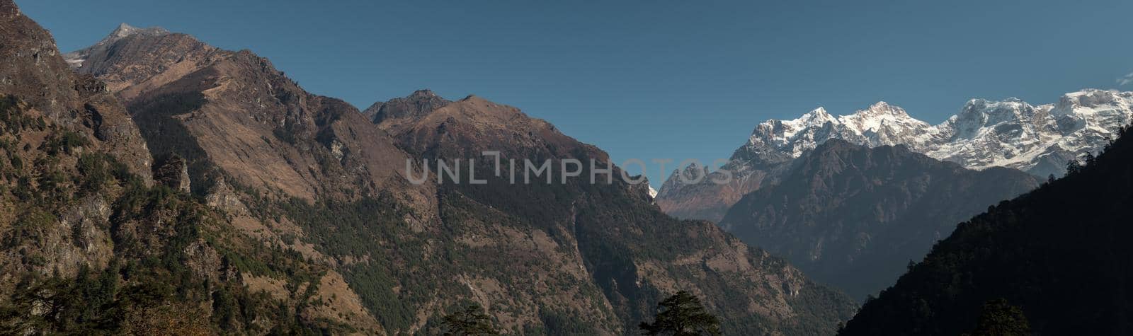 Panorama of nepalese mountain ranges along Annapurna circuit, Himalaya, Nepal, Asia