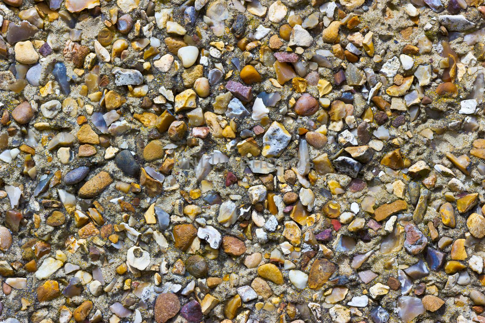 A rough pebble dash covering on an external wall showing small stones of various shapes and colours