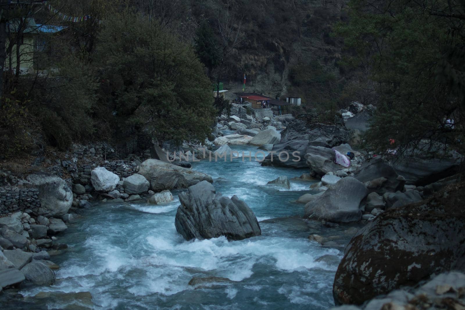 Marshyangdi river by Chame hot springs, trekking Annapurna circuit, Himalaya, Nepal, Asia