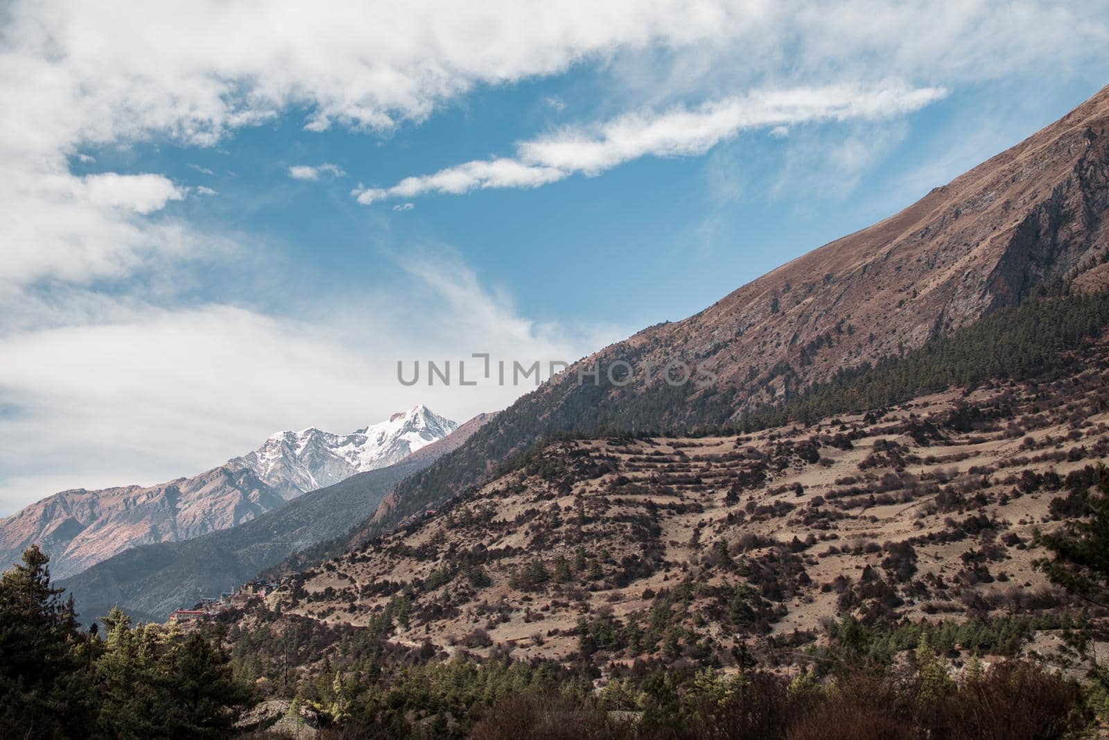 Mountains by Upper Pisang mountain village, trekking Annapurna circuit, Nepal, Asia
