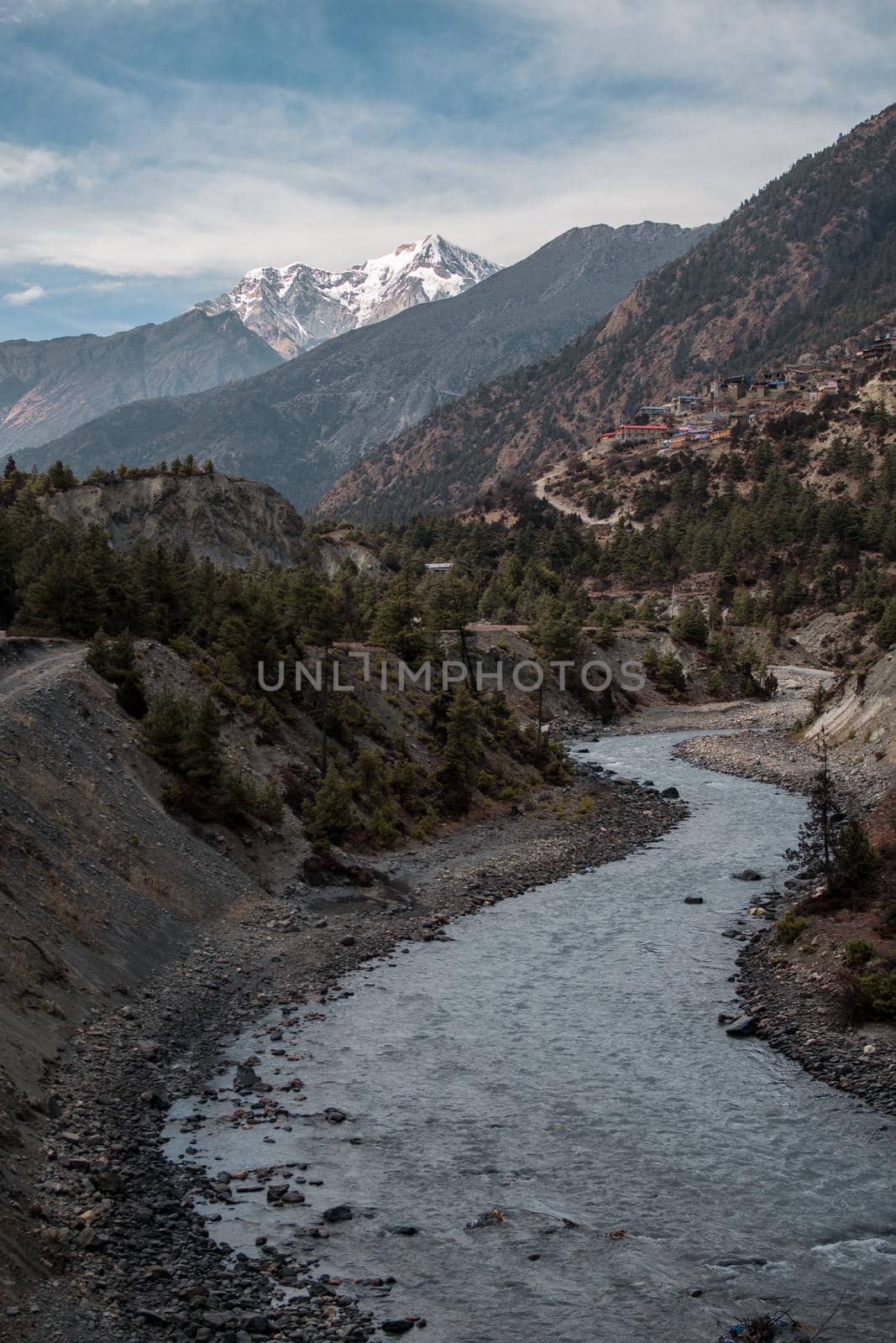 Marshyangdi river valley by Upper Pisang village and surrounding mountains by arvidnorberg