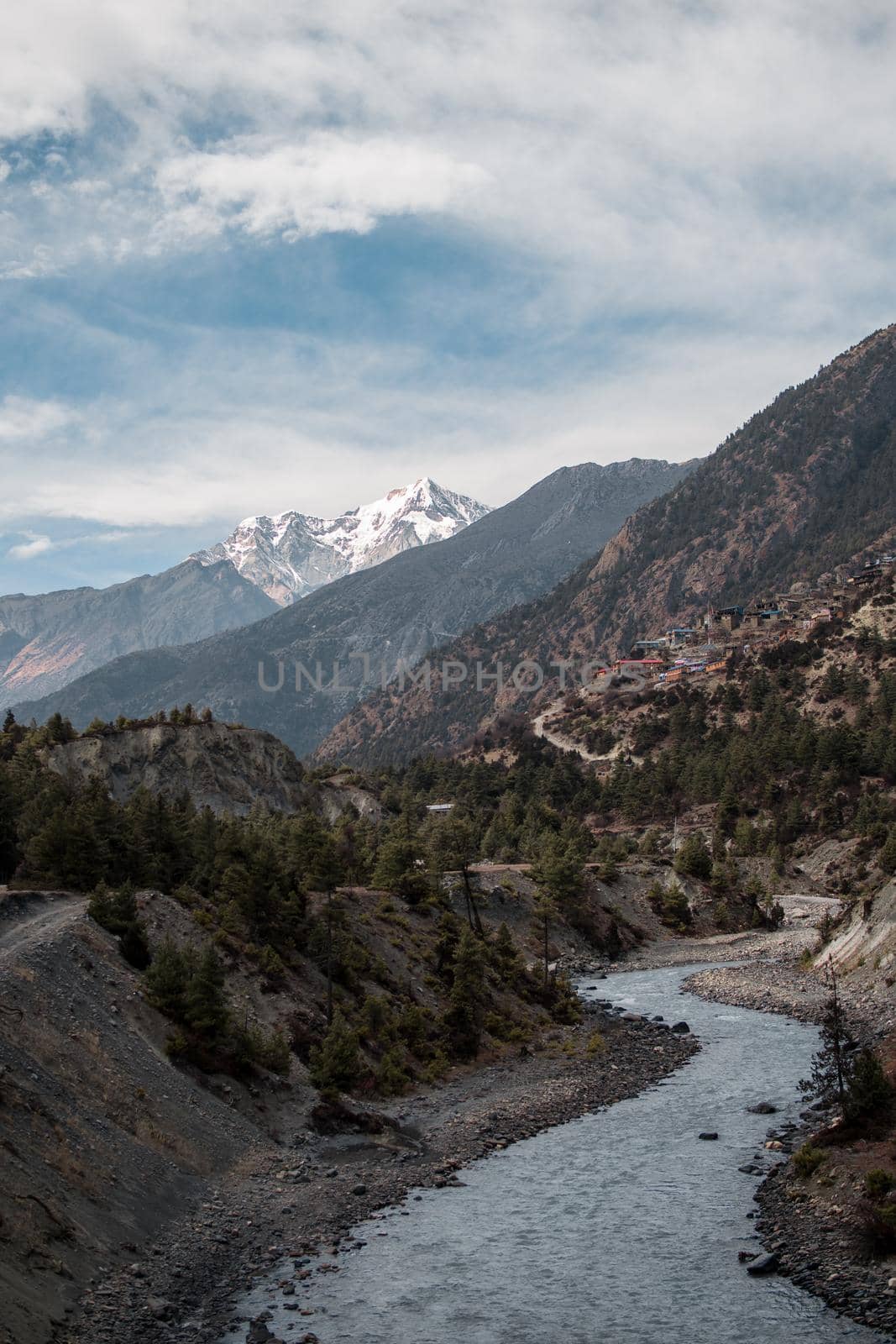 Marshyangdi river valley by Upper Pisang village and surrounding mountains, Annapurna circuit, Himalaya, Nepal, Asia