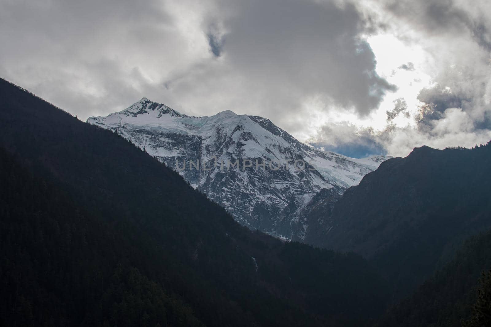 Snow-covered peak trekking Annapurna circuit, Himalaya, Nepal, Asia