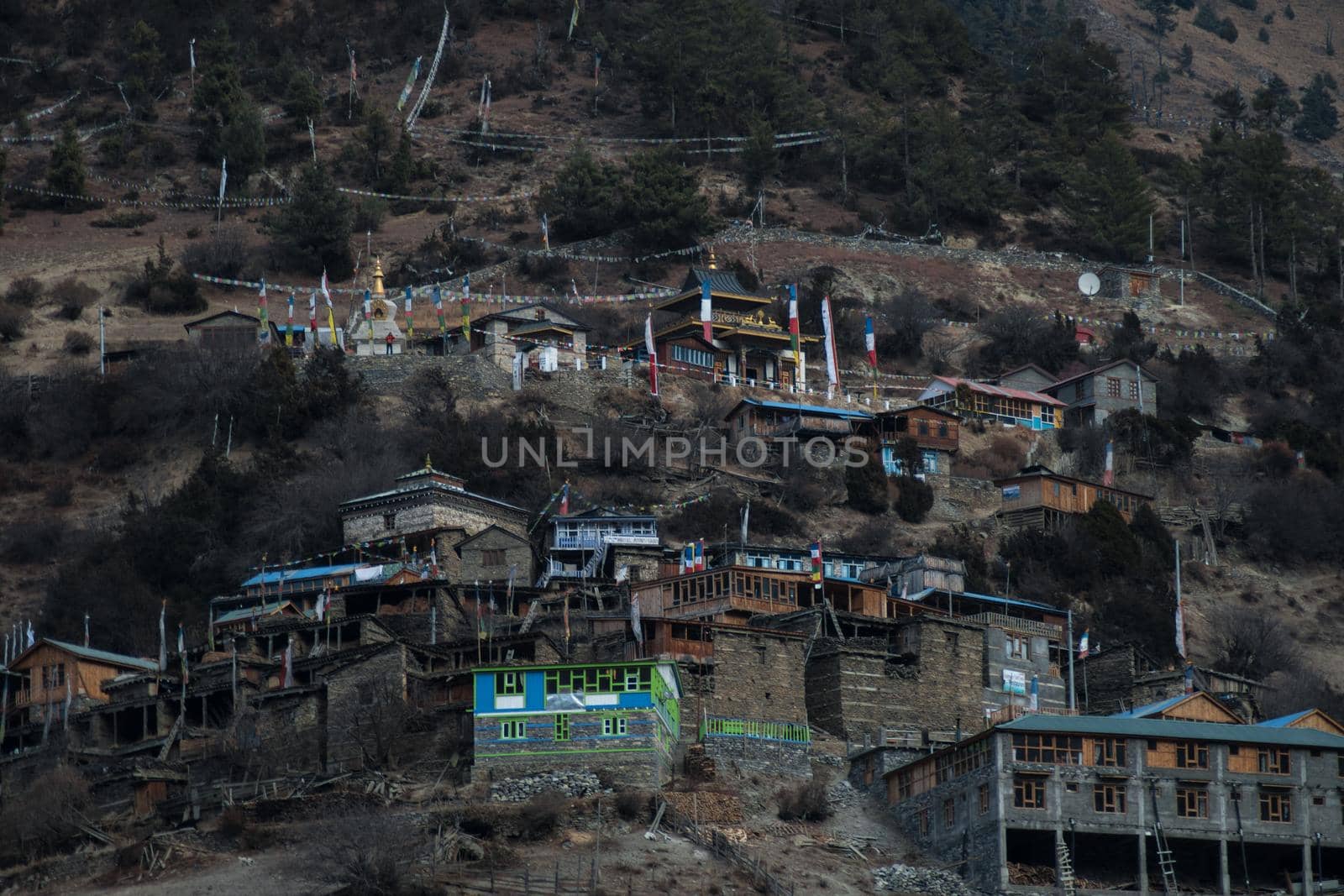 Upper Pisang mountain village, trekking Annapurna circuit, Himalaya, Nepal, Asia