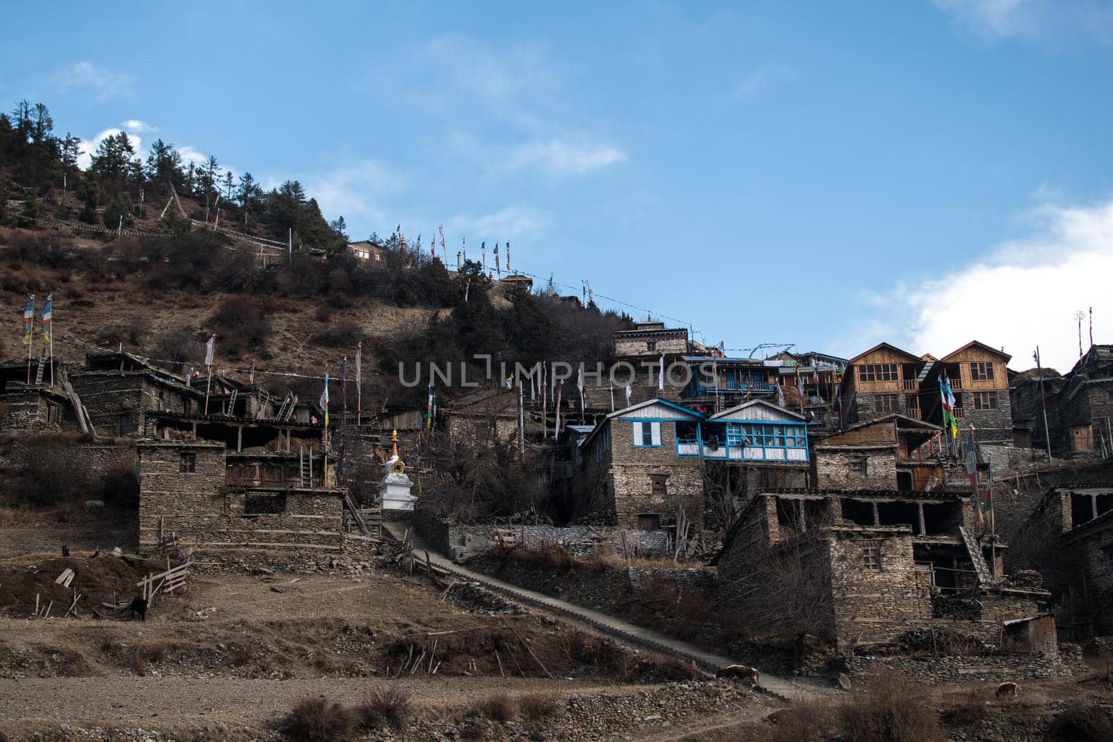 Upper Pisang mountain village, trekking Annapurna circuit, Himalaya, Nepal, Asia