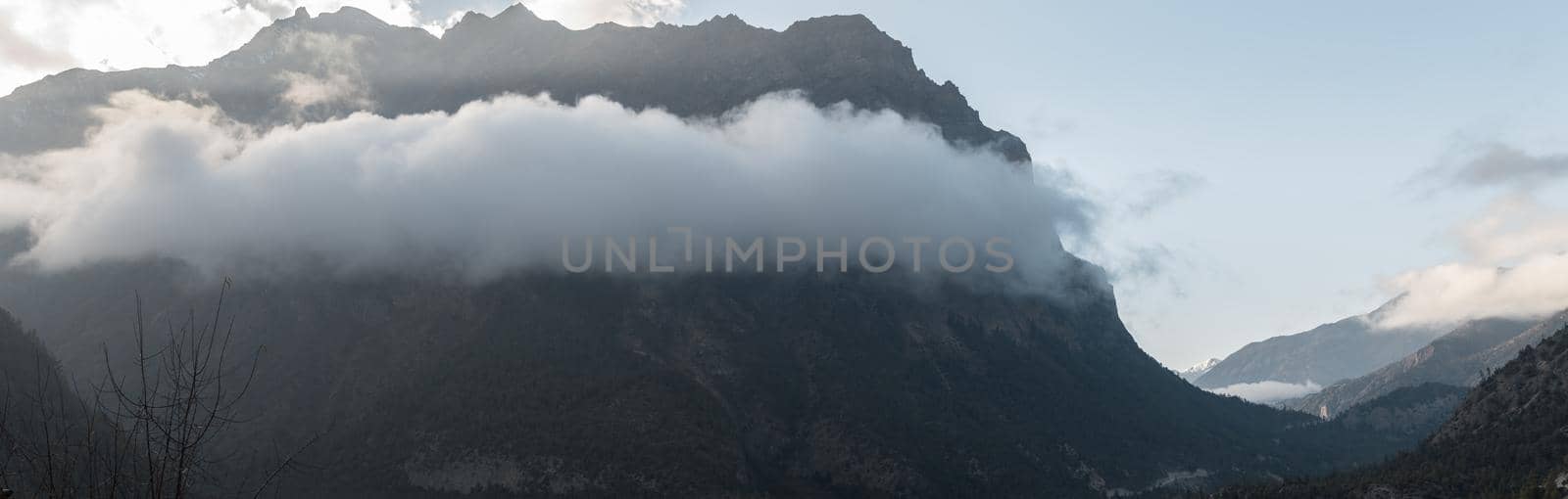 Panorama of mountains surrounding Upper Pisang, over Marshyangdi river, Annapurna circuit, Nepal