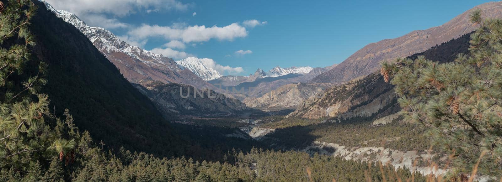 Panorama of mountains trekking Annapurna circuit, Marshyangdi river valley, Humde, Himalaya, Nepal, Asia