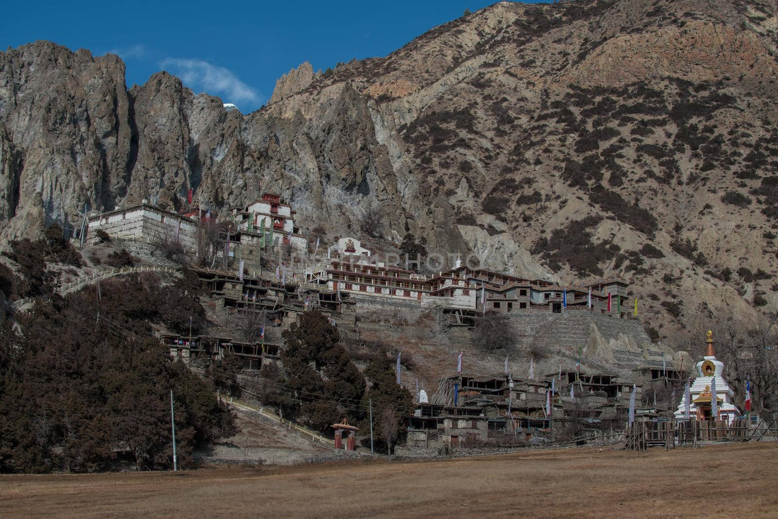 Buddhist monastery in the nepalese mountains, trekking along Annapurna circuit