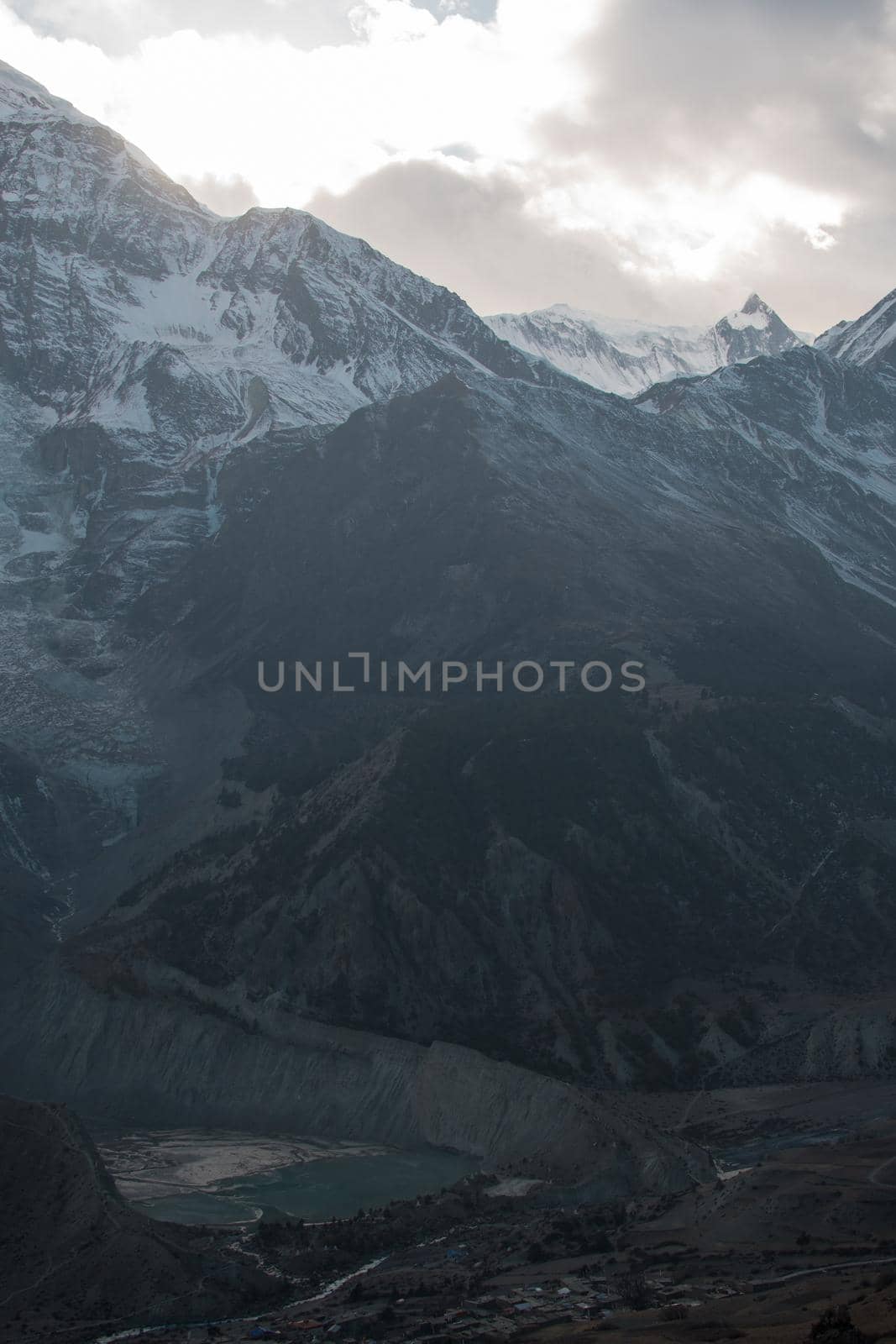 Mountain glacier over Manang village, trekking Annapurna circuit, Himalaya, Nepal