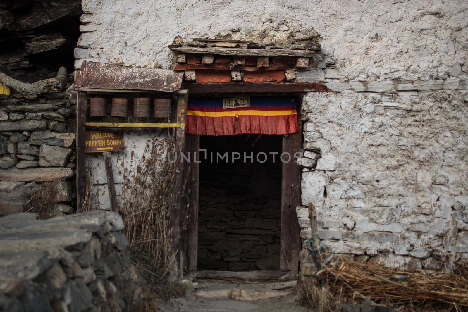 Entrance Praken Gompa over Manang village, trekking Annapurna circuit, Himalaya, Nepal