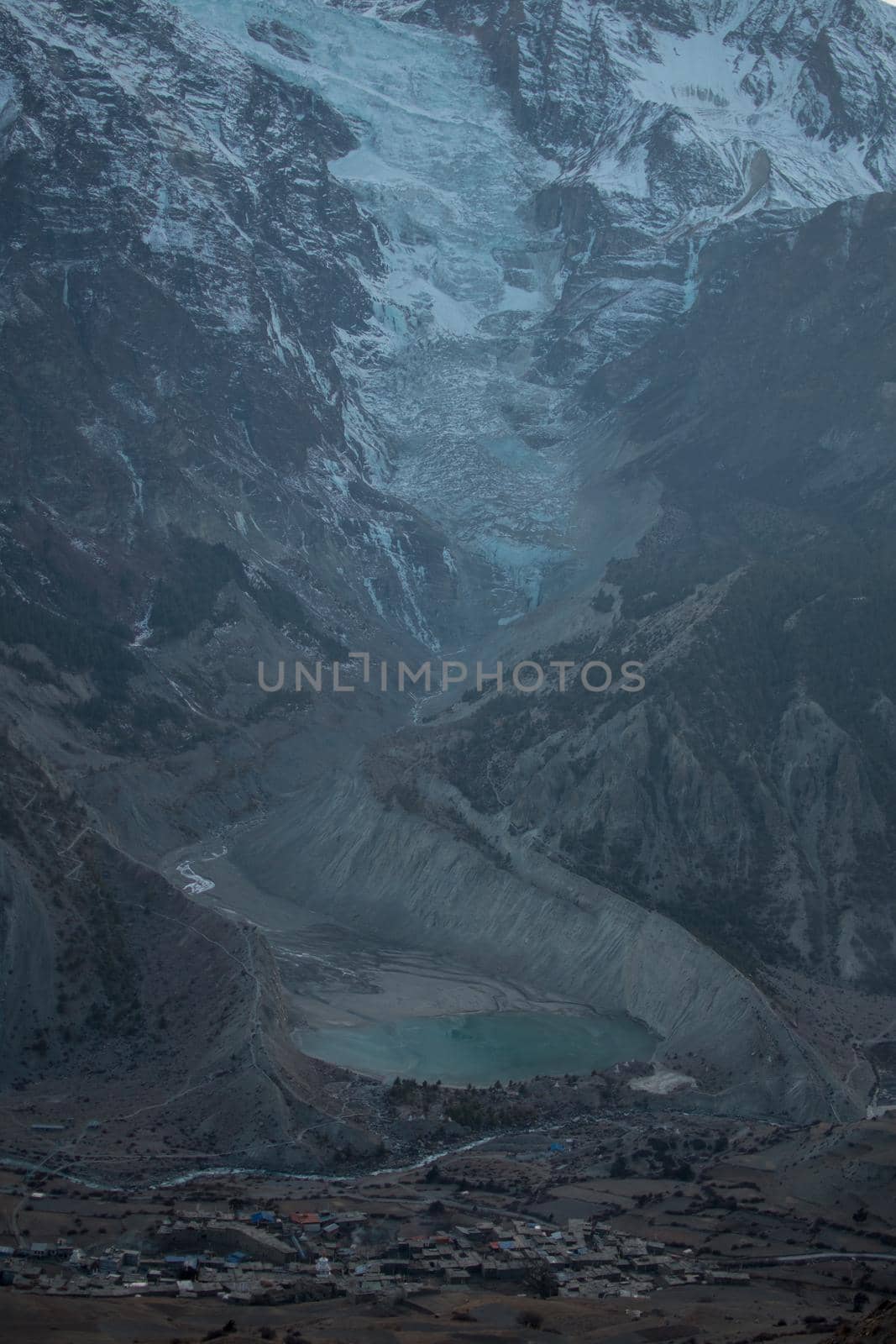 Mountain glacier over Manang village, trekking Annapurna circuit, Himalaya, Nepal