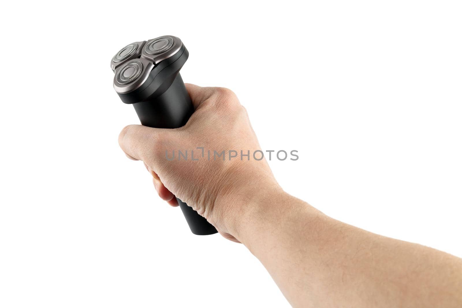 bare caucasican hand holding three razor head black electric shaver - isolated.