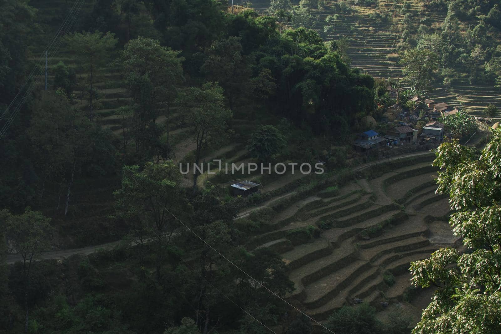 View over huts and terraced rice fields at Annapurna circuit in Nepal