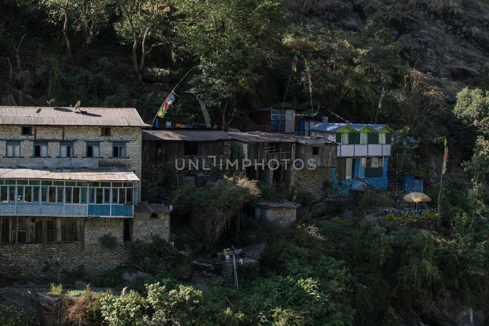 Colorful mountain village with tea houses at Annapurna circuit in Nepal