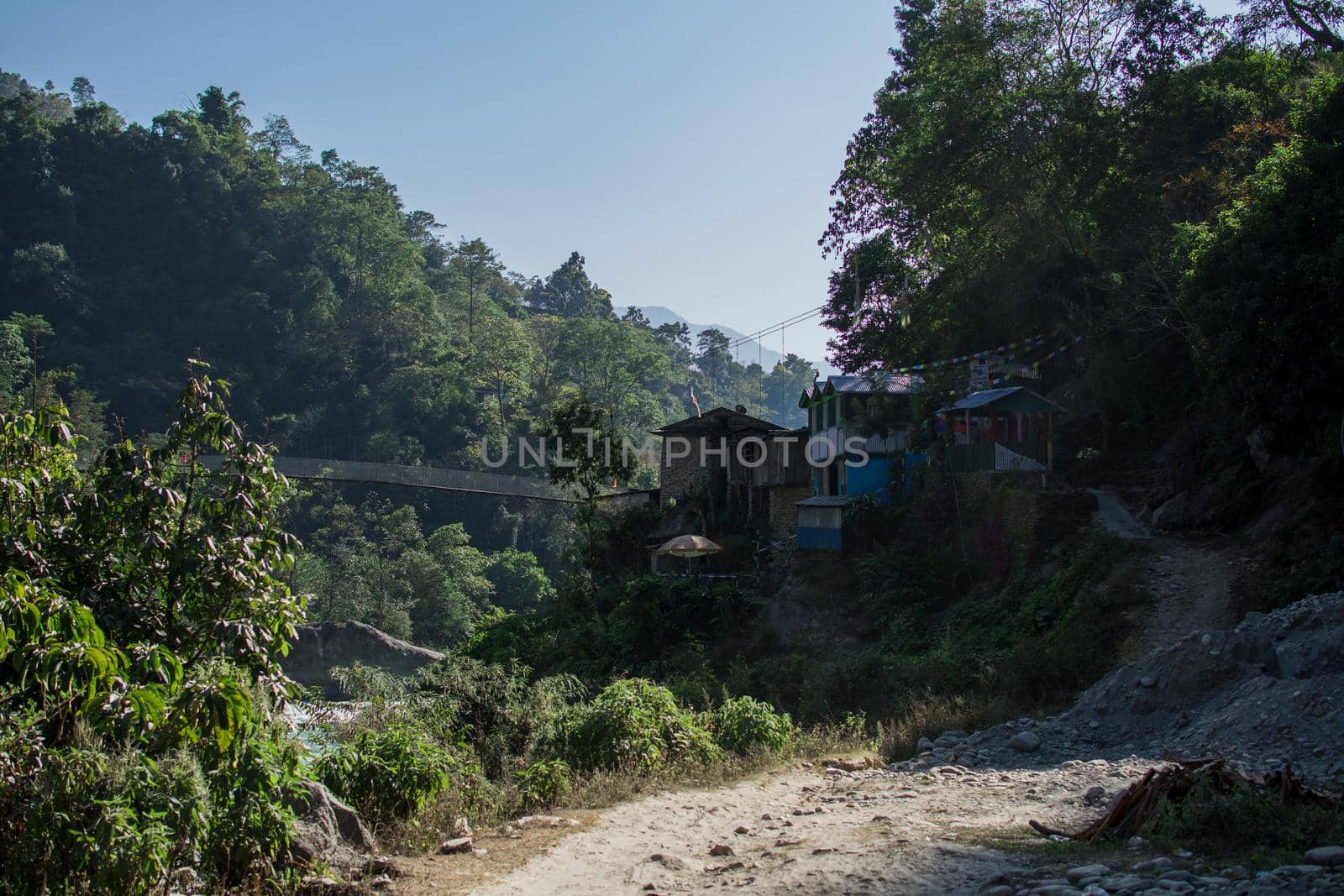 Village with tea houses and a suspention bridge, Annapurna circuit, Nepal