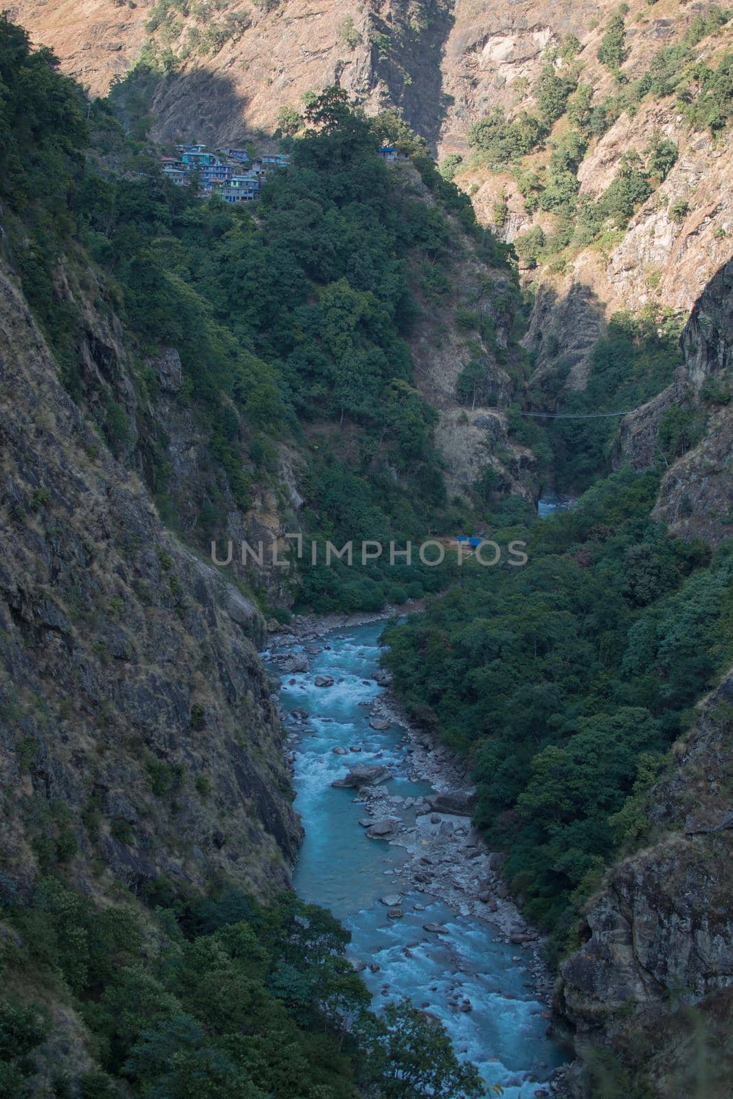 Jagat mountain village in Lamjung district, Annapurna circuit, Nepal over Marshyangdi river, in beautiful canyon valley