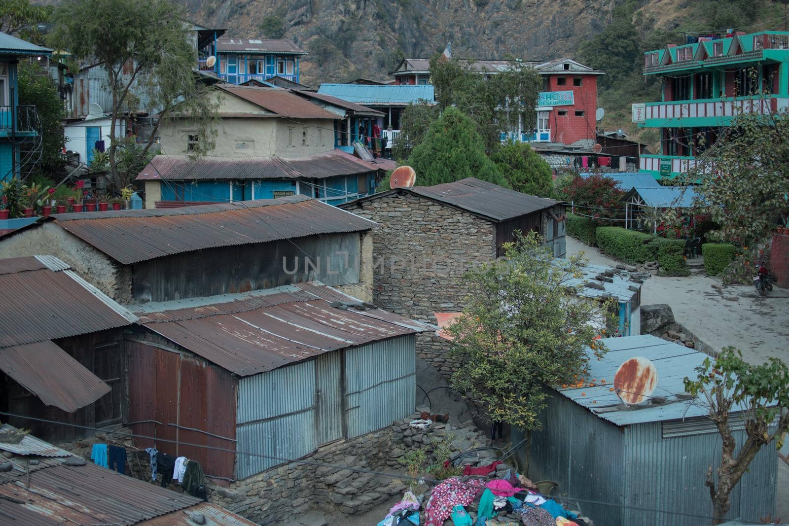 Colorful Jagat mountain village in Marshyangdi river valley, Annapurna circuit, Nepal
