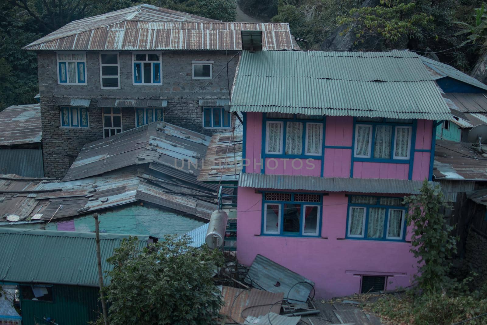 Colorful Jagat mountain village in Marshyangdi river valley, Annapurna circuit, Nepal