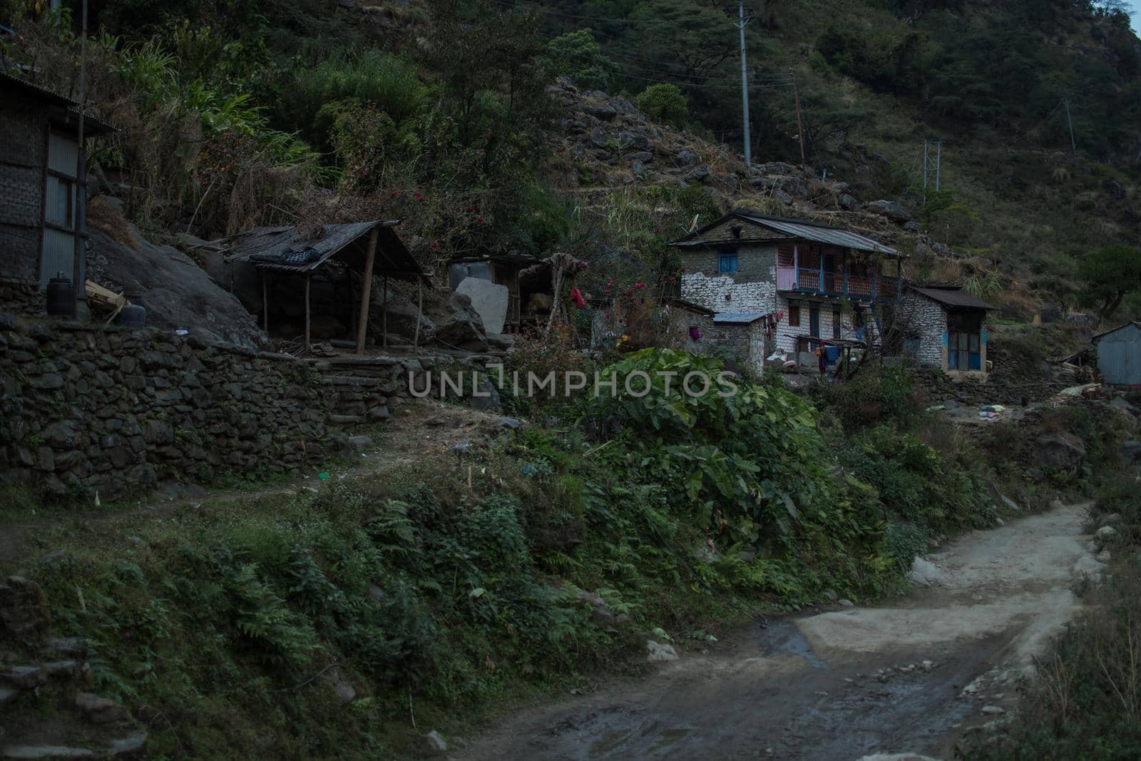 Beatiful mountain village by a dirt road, Annapurna circuit, Nepal