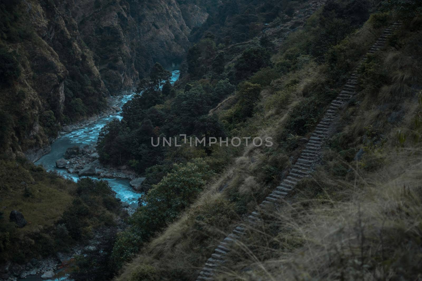 Beautiful Marshyangdi river flowing through a canyon valley, Annapurna circuit, Nepal