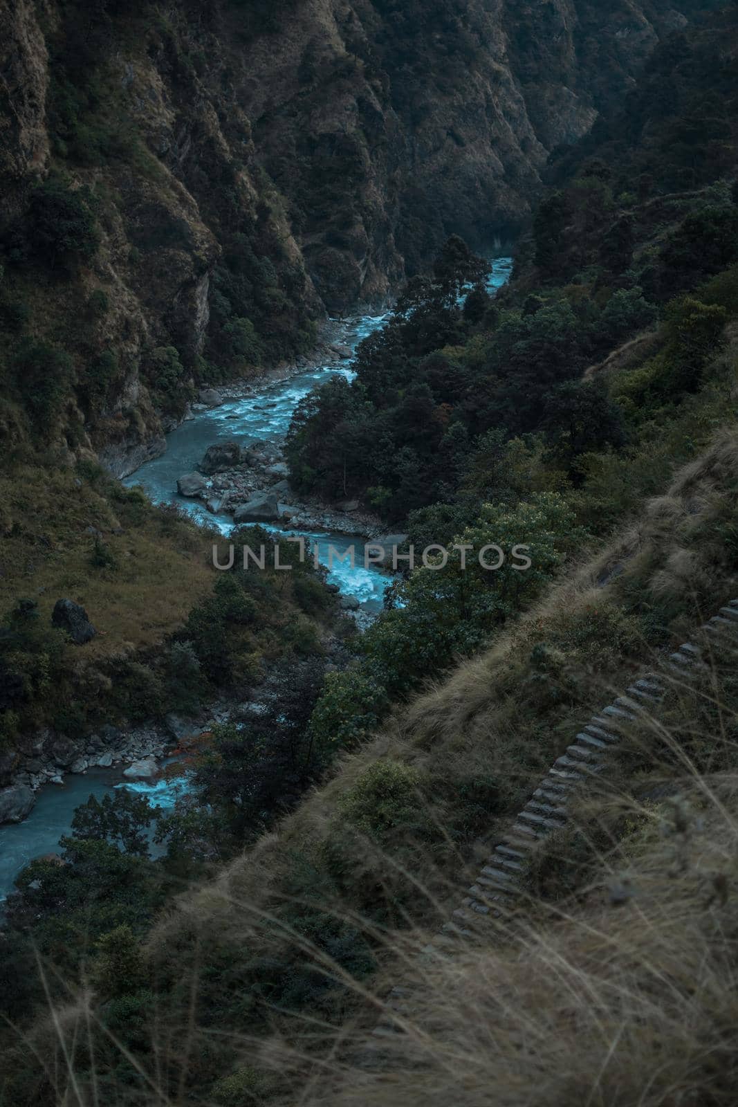Beautiful Marshyangdi river flowing through a canyon valley, Annapurna circuit, Nepal