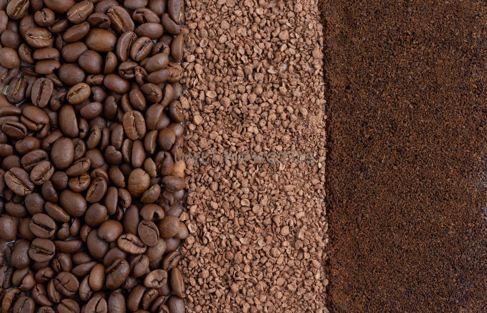 Background of roasted coffee beans, granulated chicory and ground coffee. Background of coffee beans and coffee powder.