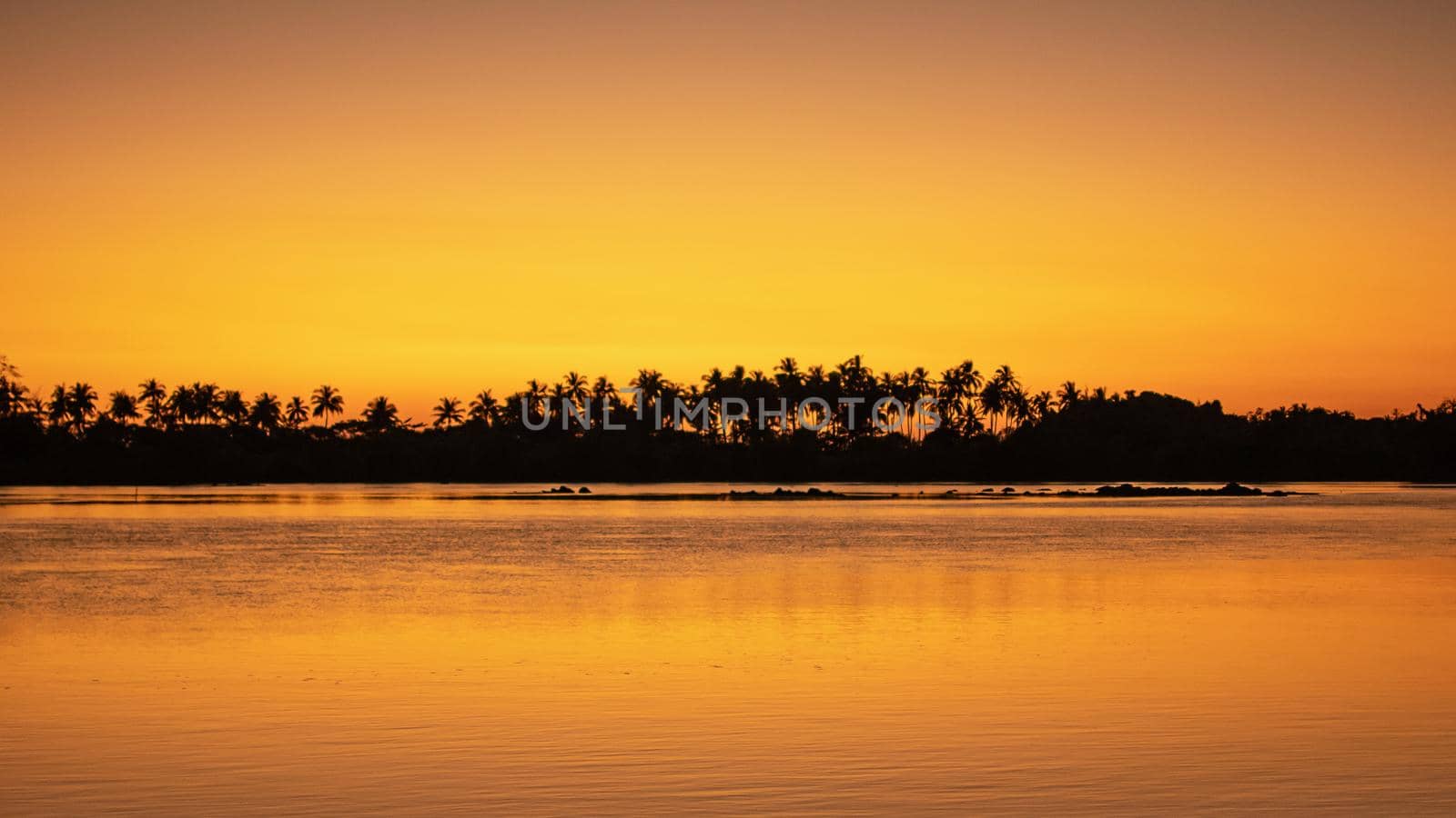 A bright orange sunset sky reflecting in the calm ocean with palm tree silhouettes in the background, Ngwesaung, Irrawaddy, western Myanmar
