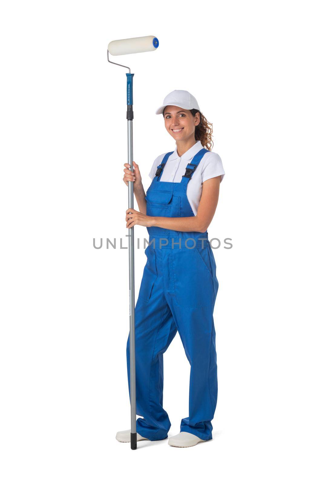 Female house painter with paint roller isolated on white background, full length portrait