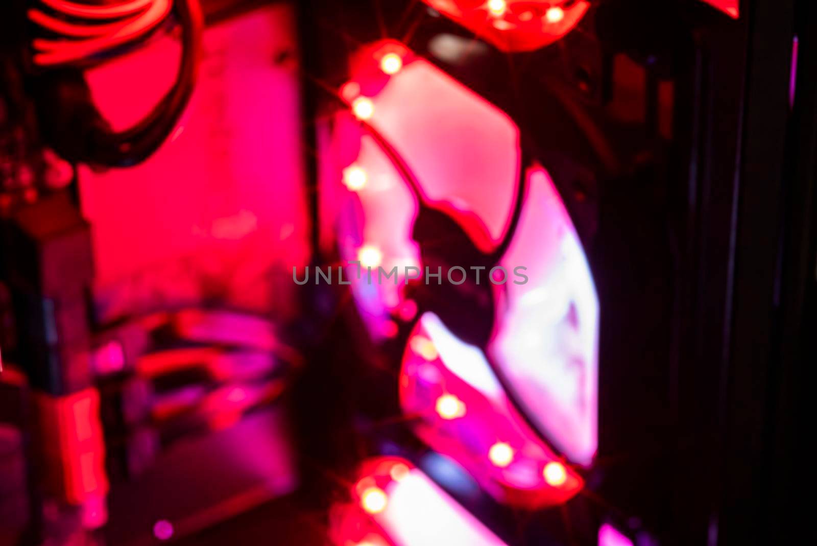 LOS ANGELES, USA 25 APRIL 2021: Gaming pc interior detail illuminated with rgb fan